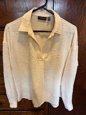 Rafaella Cream Textured Open V-Neck Button Down Shirt